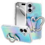 Wholesale Glitter Butterfly Kickstand Phone Case with Rainbow Gradient – Sparkling Style & Hands-Free Stand for Apple iPhone 17 (Blue)