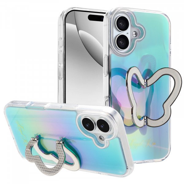 Wholesale Glitter Butterfly Kickstand Phone Case with Rainbow Gradient – Sparkling Style & Hands-Free Stand for Apple iPhone 17 (Blue)