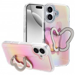 Glitter Butterfly Kickstand Phone Case with Rainbow Gradient – Sparkling Style & Hands-Free Stand for Apple iPhone 17 (Pink)