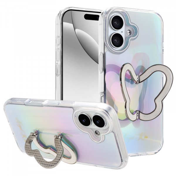 Wholesale Glitter Butterfly Kickstand Phone Case with Rainbow Gradient – Sparkling Style & Hands-Free Stand for Apple iPhone 17 (White)
