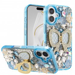 Shiny Butterfly Kickstand Phone Case with Bling Diamond Rhinestone Flower Design for Apple iPhone 17 (Blue)