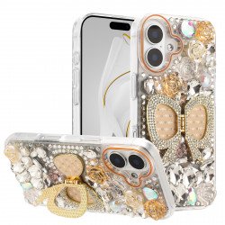 Shiny Butterfly Kickstand Phone Case with Bling Diamond Rhinestone Flower Design for Apple iPhone 17 (Gold) Shiny Butterfly Kickstand Phone Case with Bling Diamond Rhinestone Flower Design for Apple iPhone 17 (Gold)