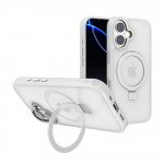 Sleek Metallic Finish Protective Armor Magnetic Magsafe Ring Stand Phone Case with Metallic Buttons for Apple iPhone 17 (White)