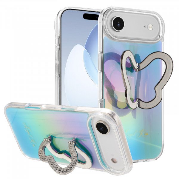 Wholesale Glitter Butterfly Kickstand Phone Case with Rainbow Gradient – Sparkling Style & Hands-Free Stand for Apple iPhone 17 Air (Blue)