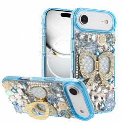 Shiny Butterfly Kickstand Phone Case with Bling Diamond Rhinestone Flower Design for Apple iPhone 17 Air (Blue)