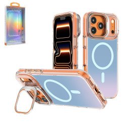 Holographic Gradient MagSafe Phone Case with Metal Kickstand & Shock-Absorbing Protection for Apple iPhone 17 Pro Max (Orange)