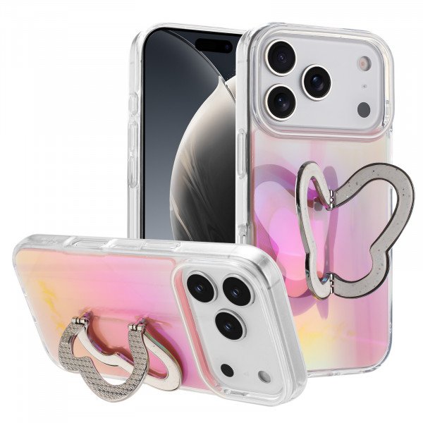 Wholesale Glitter Butterfly Kickstand Phone Case with Rainbow Gradient – Sparkling Style & Hands-Free Stand for Apple iPhone 17 Pro Max (Pink)