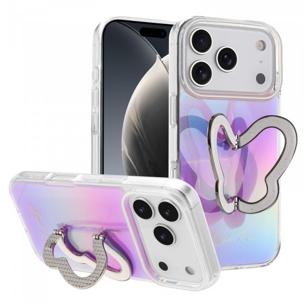 Wholesale Glitter Butterfly Kickstand Phone Case with Rainbow Gradient – Sparkling Style & Hands-Free Stand for Apple iPhone 17 Pro Max (Purple)