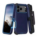 Heavy Duty Shockproof Protection Dual-Layer Rugged Defender Case with Belt Clip for Apple iPhone 17 Pro (Navyblue Blue)