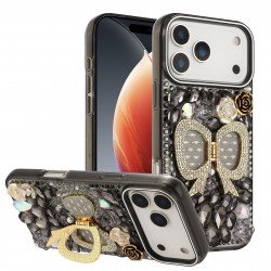 Shiny Butterfly Kickstand Phone Case with Bling Diamond Rhinestone Flower Design for Apple iPhone 17 Pro (Black)