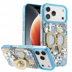Shiny Butterfly Kickstand Phone Case with Bling Diamond Rhinestone Flower Design for Apple iPhone 17 Pro (Blue)