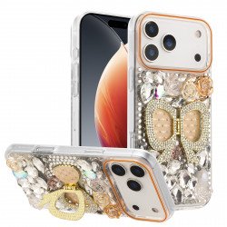 Shiny Butterfly Kickstand Phone Case with Bling Diamond Rhinestone Flower Design for Apple iPhone 17 Pro (Gold)