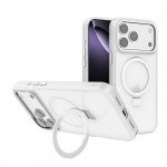 Sleek Metallic Finish Protective Armor Magnetic Magsafe Ring Stand Phone Case with Metallic Buttons for Apple iPhone 17 Pro Max (White)