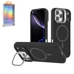 MagSafe Magnetic Silicone Phone Case with Metal Kickstand and Camera Lens Guard for Apple iPhone 17 Pro Max (Black)
