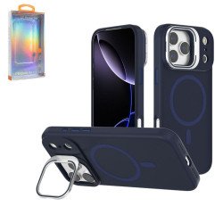 MagSafe Magnetic Silicone Phone Case with Metal Kickstand and Camera Lens Guard for Apple iPhone 17 Pro Max (Blue)
