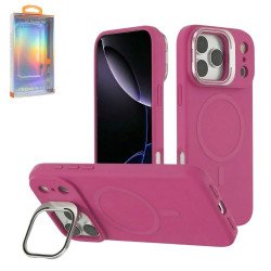MagSafe Magnetic Silicone Phone Case with Metal Kickstand and Camera Lens Guard for Apple iPhone 17 Pro Max (Hot Pink)