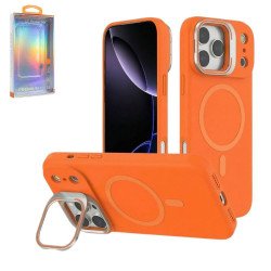 MagSafe Magnetic Silicone Phone Case with Metal Kickstand and Camera Lens Guard for Apple iPhone 17 Pro Max (Orange)