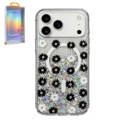 Transparent Clear Glitter Shiny Magnetic MagSafe Phone Case for Apple iPhone 17 Pro Max (Black Flower)