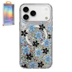 Transparent Clear Glitter Shiny Magnetic MagSafe Phone Case for Apple iPhone 17 Pro Max (Blue Flower)