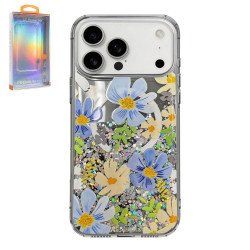 Transparent Clear Glitter Shiny Magnetic MagSafe Phone Case for Apple iPhone 17 Pro Max (Purple Flower)