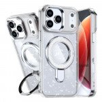 Shiny Glitter MagSafe Phone Case with Ring Kickstand and Raised Camera Edge for Apple iPhone 17 Pro Max (White)