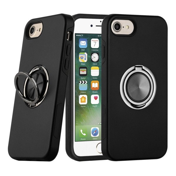 Wholesale Glossy Dual Layer Armor Hybrid Stand Metal Plate Flat Ring Case for Apple iPhone 8 Plus / 7 Plus (Black)