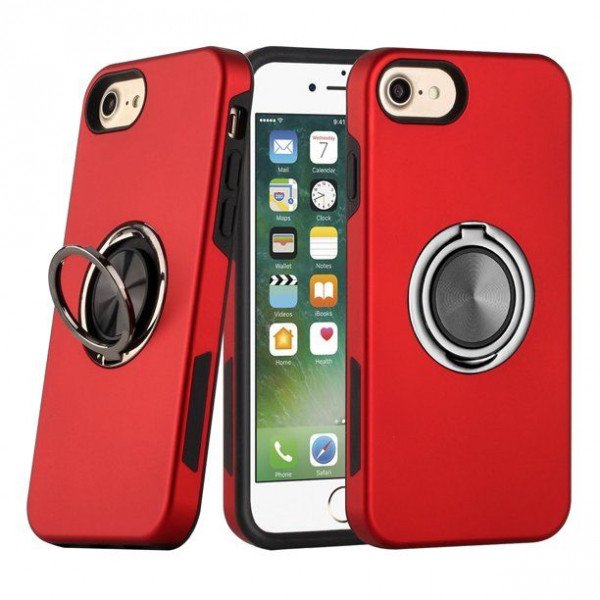 Wholesale Glossy Dual Layer Armor Hybrid Stand Metal Plate Flat Ring Case for Apple iPhone 8 Plus / 7 Plus (Red)