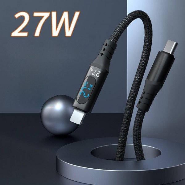 Wholesale 27W PD Fast Charging USB-C to iPhone Lighting 3FT Durable Woven Cable with LED Charging Display for Universal iPhone and iPad Devices (Black)