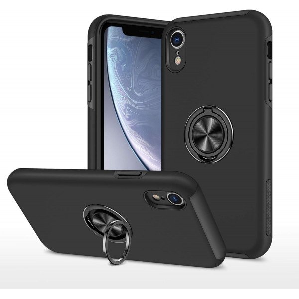 Wholesale Glossy Dual Layer Armor Hybrid Stand Metal Plate Flat Ring Case for Apple iPhone Xr (6.1 inch) (Black)