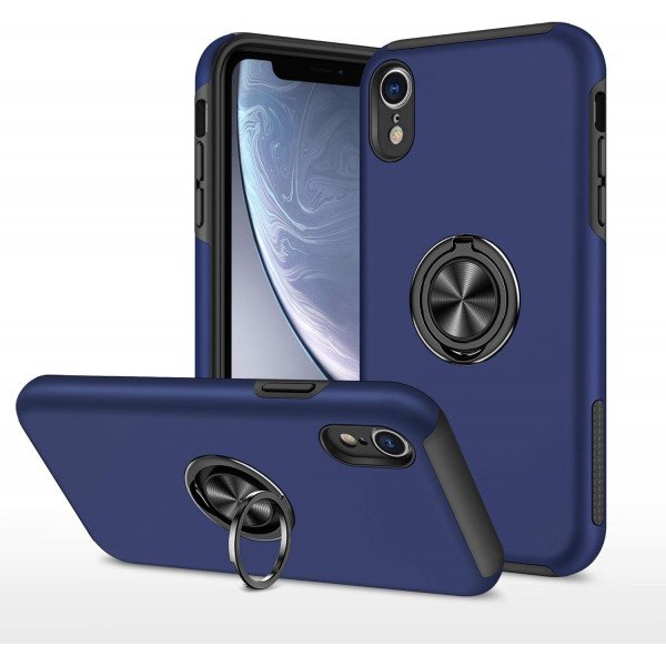 Wholesale Glossy Dual Layer Armor Hybrid Stand Metal Plate Flat Ring Case for Apple iPhone Xr (6.1 inch) (Navy Blue)