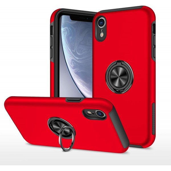 Wholesale Glossy Dual Layer Armor Hybrid Stand Metal Plate Flat Ring Case for Apple iPhone Xr (6.1 inch) (Red)