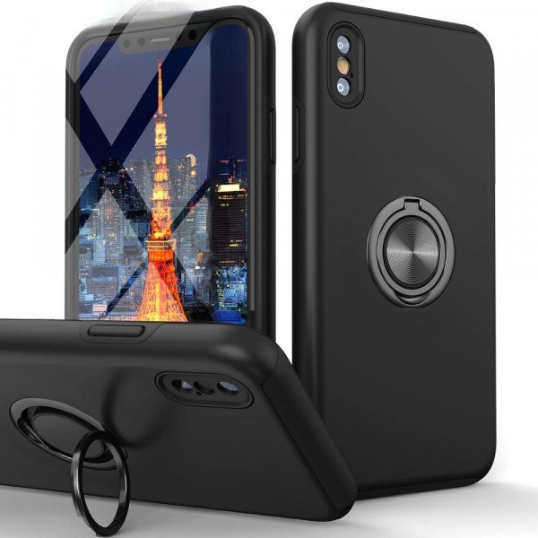 Wholesale Glossy Dual Layer Armor Hybrid Stand Metal Plate Flat Ring Case for Apple iPhone Xs / X (Black)