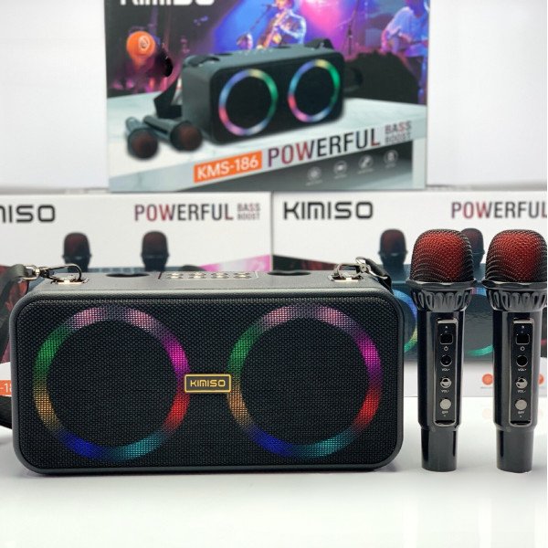 Wholesale Portable Bluetooth Speaker: Dual Wireless Microphones Inclued, Loud Bass, Compact KMS-186 for Universal Cell Phone And Bluetooth Device (Black)