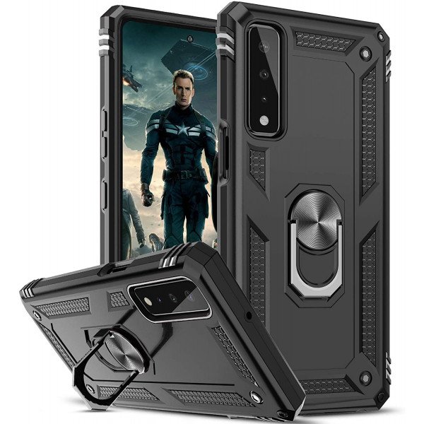 Wholesale Tech Armor Ring Stand Grip Case with Metal Plate for LG Stylo 7 4G [Not for Stylo 7 5G] (Black)