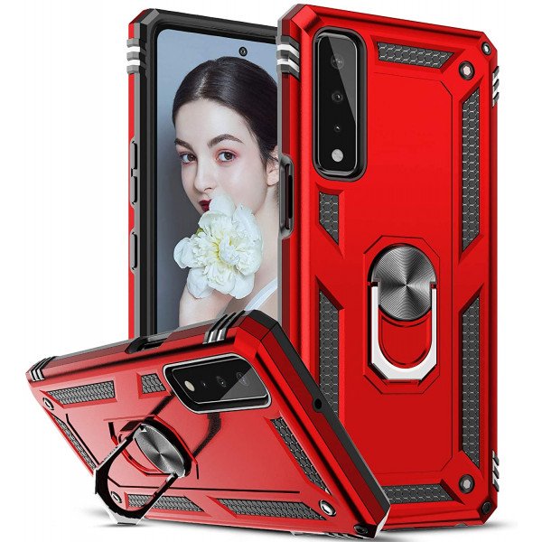 Wholesale Tech Armor Ring Stand Grip Case with Metal Plate for LG Stylo 7 4G [Not for Stylo 7 5G] (Red)