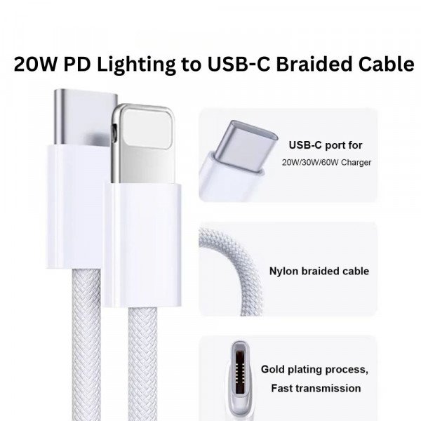 Wholesale USB-C to iPhone Lighting - High-Speed 20W PD Fast Charging Braided Flexible Cable (White) for Universal iPhone and iPad Devices (White)