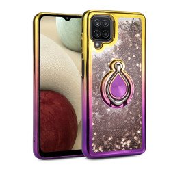 Liquid Star Dust Glitter Dual Color Hybrid Protective Armor Ring Case Cover for Samsung Galaxy A12 (Gold/Purple)