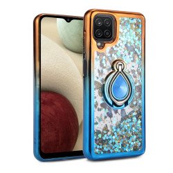 Liquid Star Dust Glitter Dual Color Hybrid Protective Armor Ring Case Cover for Samsung Galaxy A12 (Orange/Blue)