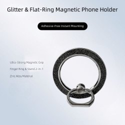 Shiny Glitter Magnetic Ring Holder Stand Grip with 360 Rotation Adjustable & Foldable Kickstand for MagSafe for Universal Cell Phone (Black)