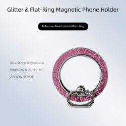 Shiny Glitter Magnetic Ring Holder Stand Grip with 360 Rotation Adjustable & Foldable Kickstand for MagSafe for Universal Cell Phone (Pink)