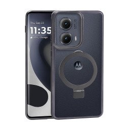 Crystal Clear Transparent Ringstand Phone Case with Round Edge Protection for Motorola Edge 2024 (Black)