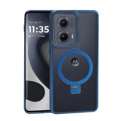 Crystal Clear Transparent Ringstand Phone Case with Round Edge Protection for Motorola Edge 2024 (Navy Blue)