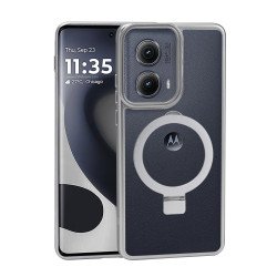 Crystal Clear Transparent Ringstand Phone Case with Round Edge Protection for Motorola Edge 2024 (Silver)