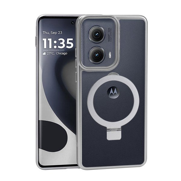 Wholesale Crystal Clear Transparent Ringstand Phone Case with Round Edge Protection for Motorola Edge 2024 (Silver)