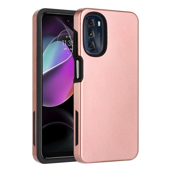 Wholesale Glossy Dual Layer Armor Defender Hybrid Protective Case Cover for Motorola Moto G 5G (2022) (Rose Gold)