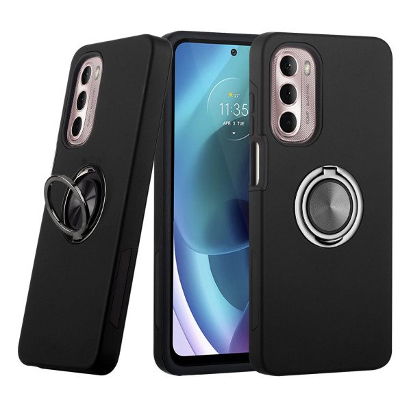 Wholesale Dual Layer Armor Hybrid Stand Ring Case for Motorola Moto G 5G (2022) (Black)