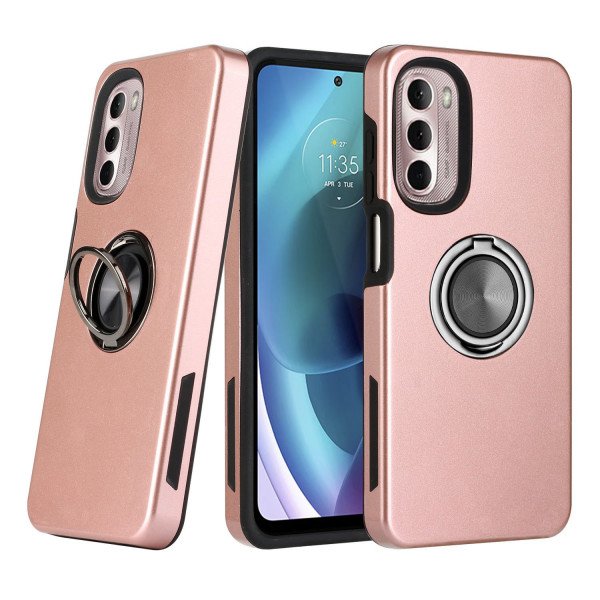 Wholesale Dual Layer Armor Hybrid Stand Ring Case for Motorola Moto G 5G (2022) (Rose Gold)