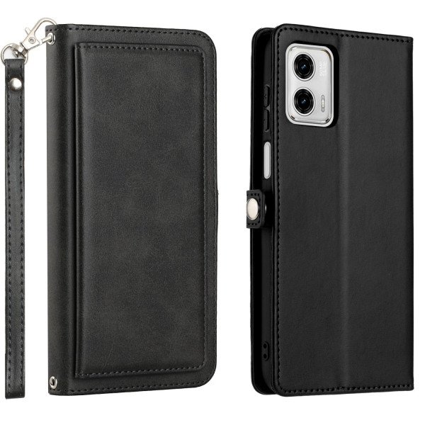 Wholesale Premium PU Leather Folio Wallet Front Cover Case with Card Holder Slots and Wrist Strap for Motorola Moto G 5G 2023 (Black)