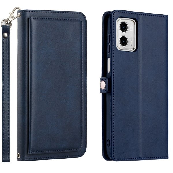 Wholesale Premium PU Leather Folio Wallet Front Cover Case with Card Holder Slots and Wrist Strap for Motorola Moto G 5G 2023 (Navy Blue)