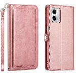 Wholesale Premium PU Leather Folio Wallet Front Cover Case with Card Holder Slots and Wrist Strap for Motorola Moto G 5G 2023 (Rose Gold)